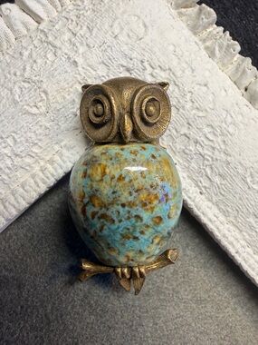 Owl Brooch with Blue Pottery Front